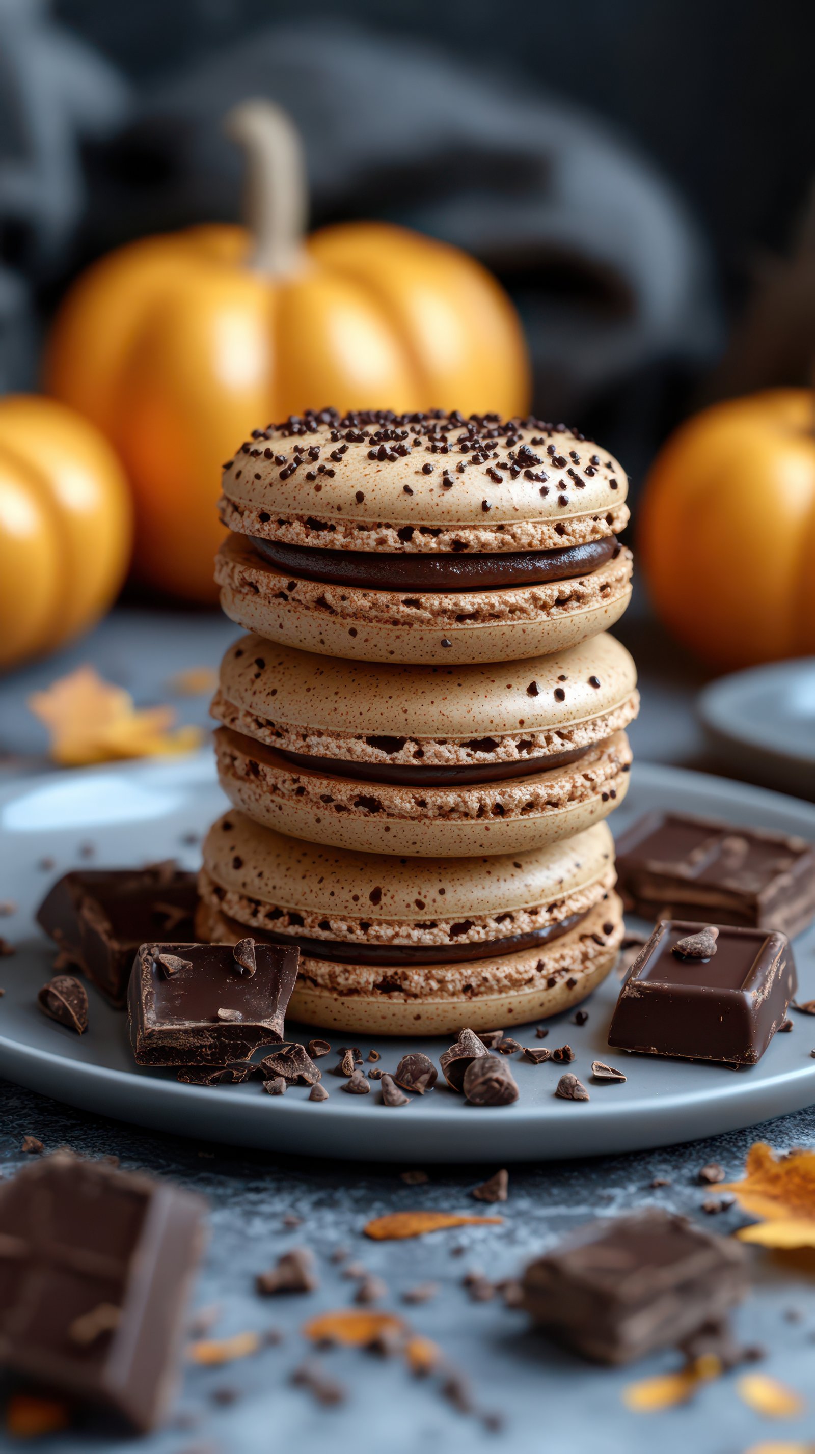 Delicious macarons stacked on a plate with pumpkin decorations for a cozy autumn dessert display